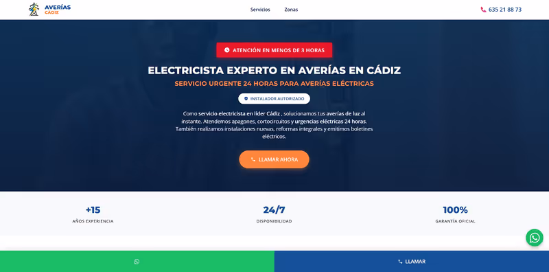 Web de Averías Cádiz, electricista de urgencias con alto rendimiento móvil
